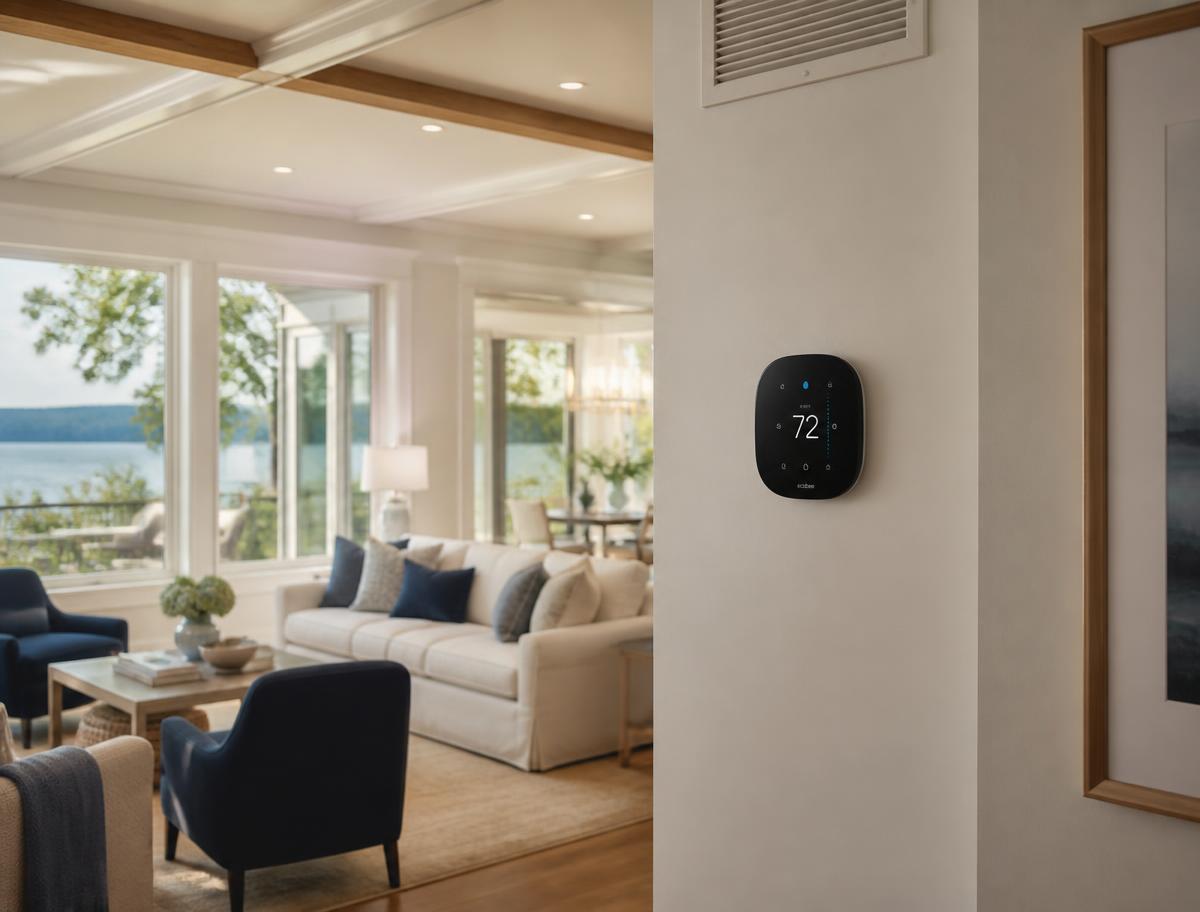 Living room with a wall thermostat kept comfortable by an efficient HVAC system